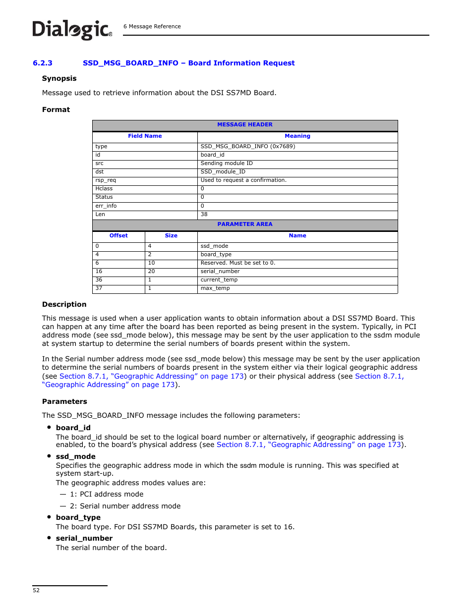 3 ssd_msg_board_info, Ssd_msg_board_info, Board information request | Dialogic DSI SS7MD User Manual | Page 52 / 191