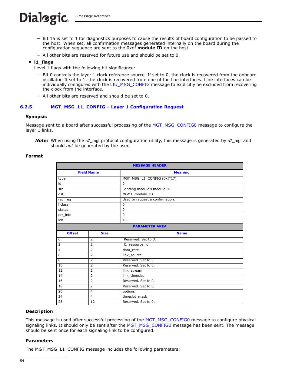 5 mgt_msg_l1_config, Mgt_msg_l1_config, Layer 1 configuration request | Command, Message | Dialogic DSI SS7MD User Manual | Page 54 / 191