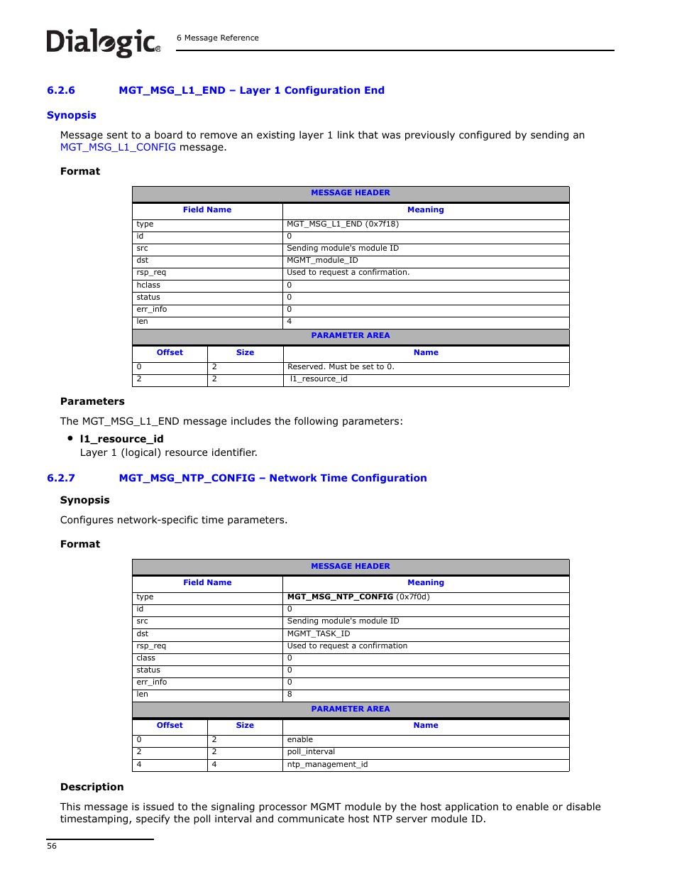 6 mgt_msg_l1_end, 7 mgt_msg_ntp_config, Mgt_msg_l1_end | Layer 1 configuration end, Mgt_msg_ntp_config, Network time configuration | Dialogic DSI SS7MD User Manual | Page 56 / 191