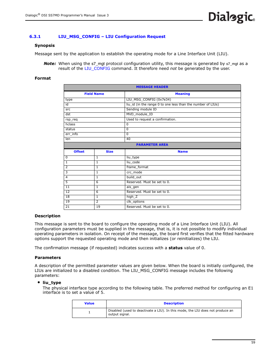 1 liu_msg_config, Liu_msg_config, Message to explicitly be | Liu configuration request | Dialogic DSI SS7MD User Manual | Page 59 / 191