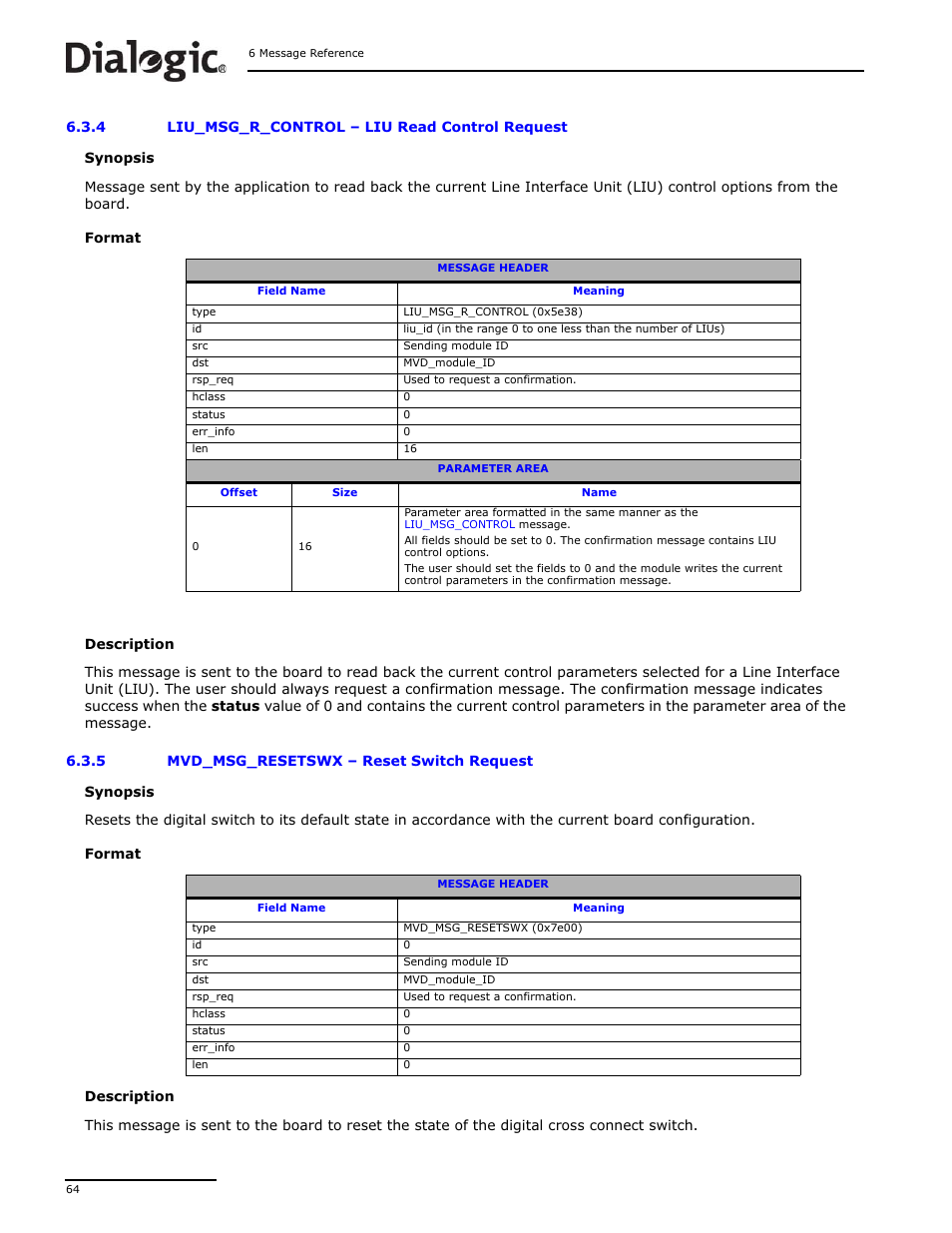 4 liu_msg_r_control, 5 mvd_msg_resetswx, Liu_msg_r_control | Liu read control request, Mvd_msg_resetswx, Reset switch request | Dialogic DSI SS7MD User Manual | Page 64 / 191