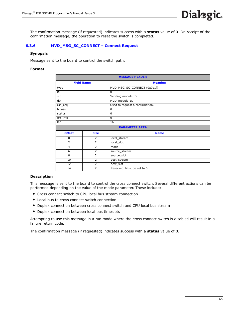 6 mvd_msg_sc_connect, Mvd_msg_sc_connect, Connect request | Dialogic DSI SS7MD User Manual | Page 65 / 191