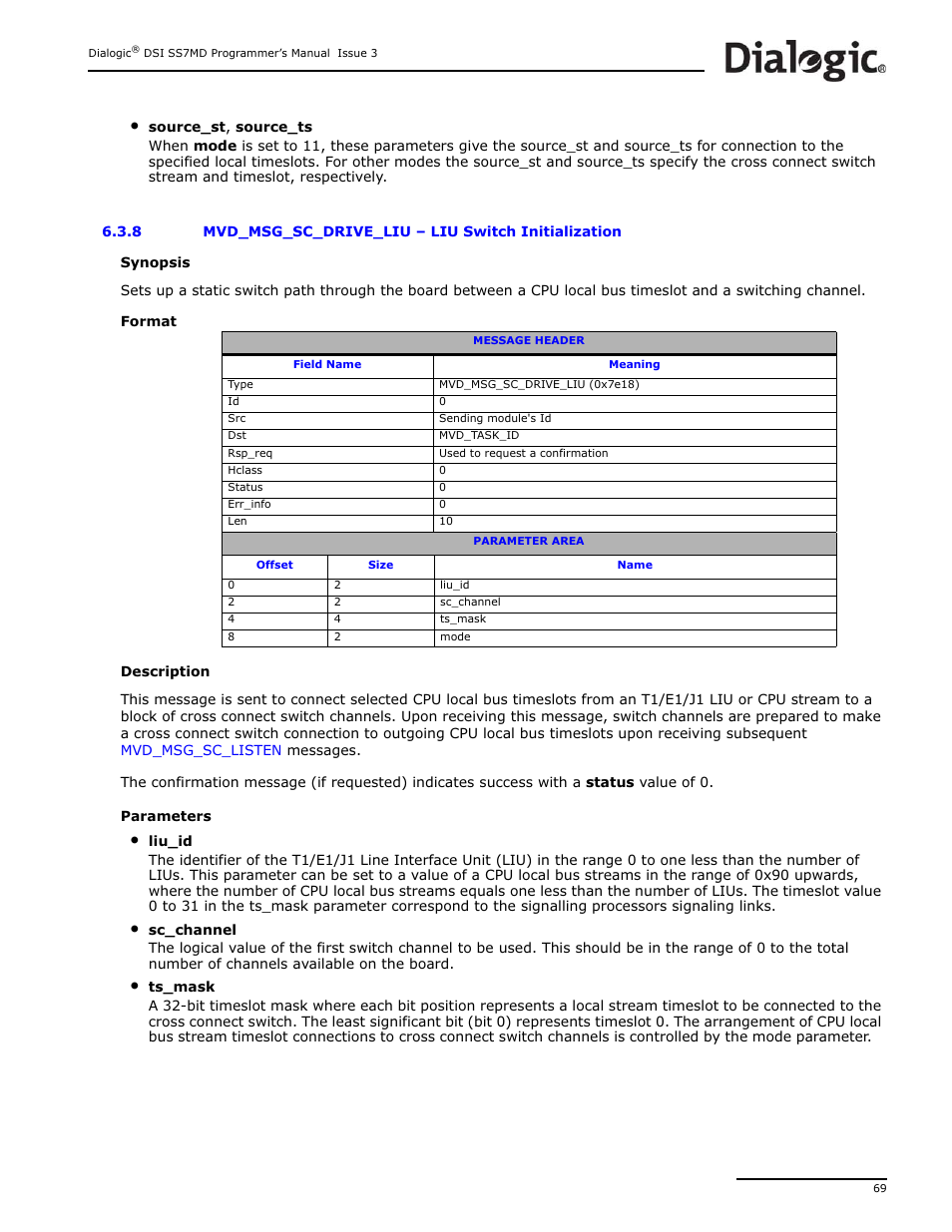 8 mvd_msg_sc_drive_liu, Mvd_msg_sc_drive_liu, Liu switch initialization | Dialogic DSI SS7MD User Manual | Page 69 / 191