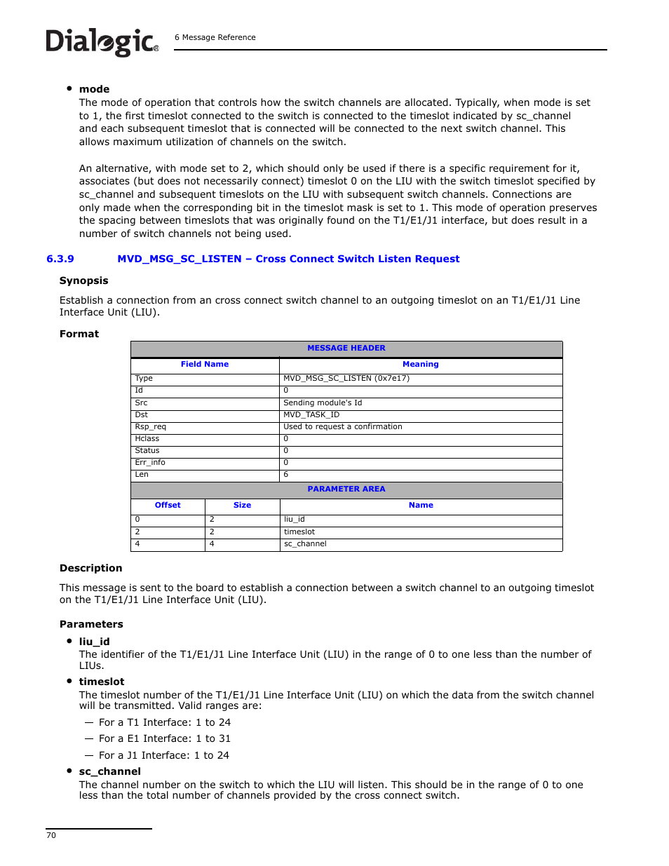 9 mvd_msg_sc_listen, Mvd_msg_sc_listen, Messages | By sending the, Message to, Tes how to build and send an, Message to dsi s, Cross connect switch listen request | Dialogic DSI SS7MD User Manual | Page 70 / 191