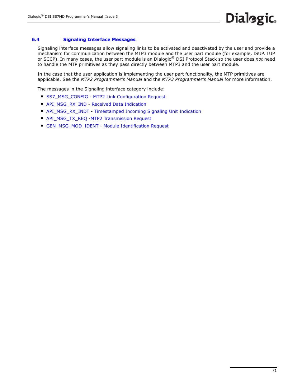 4 signaling interface messages, Signaling interface messages | Dialogic DSI SS7MD User Manual | Page 71 / 191