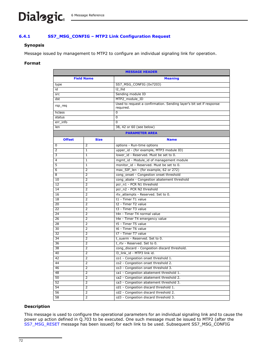 1 ss7_msg_config, Ss7_msg_config, Mtp2 link configuration request | Dialogic DSI SS7MD User Manual | Page 72 / 191