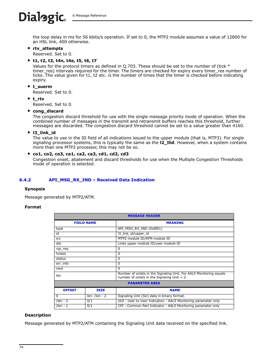 2 api_msg_rx_ind, Api_msg_rx_ind, Received data indication | Dialogic DSI SS7MD User Manual | Page 74 / 191