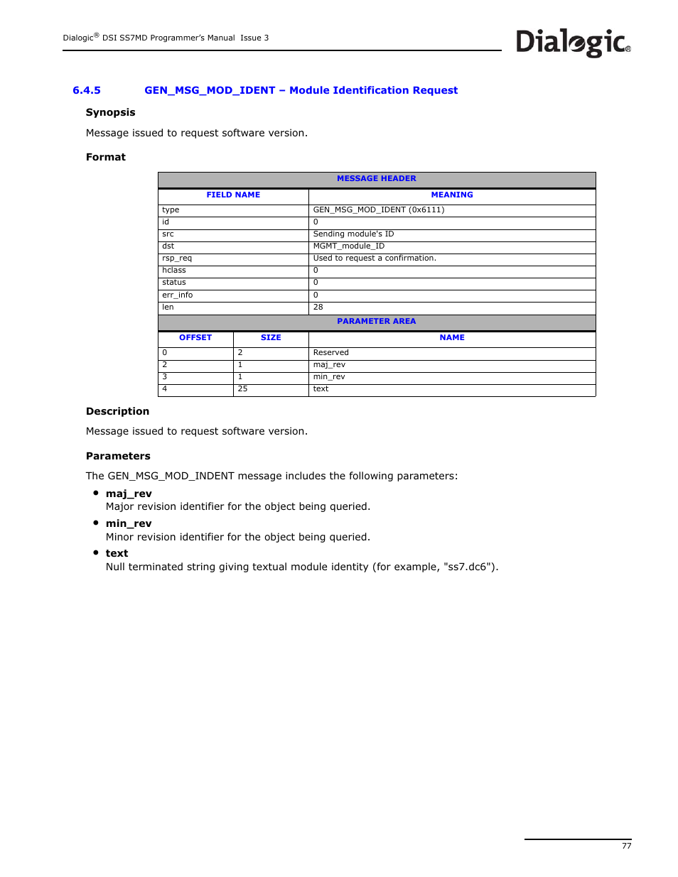 5 gen_msg_mod_ident, Gen_msg_mod_ident, Module identification request | Dialogic DSI SS7MD User Manual | Page 77 / 191