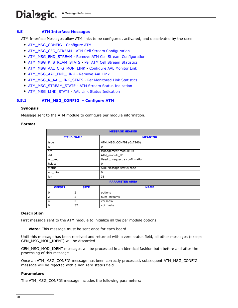 5 atm interface messages, 1 atm_msg_config, Atm interface messages | Dialogic DSI SS7MD User Manual | Page 78 / 191