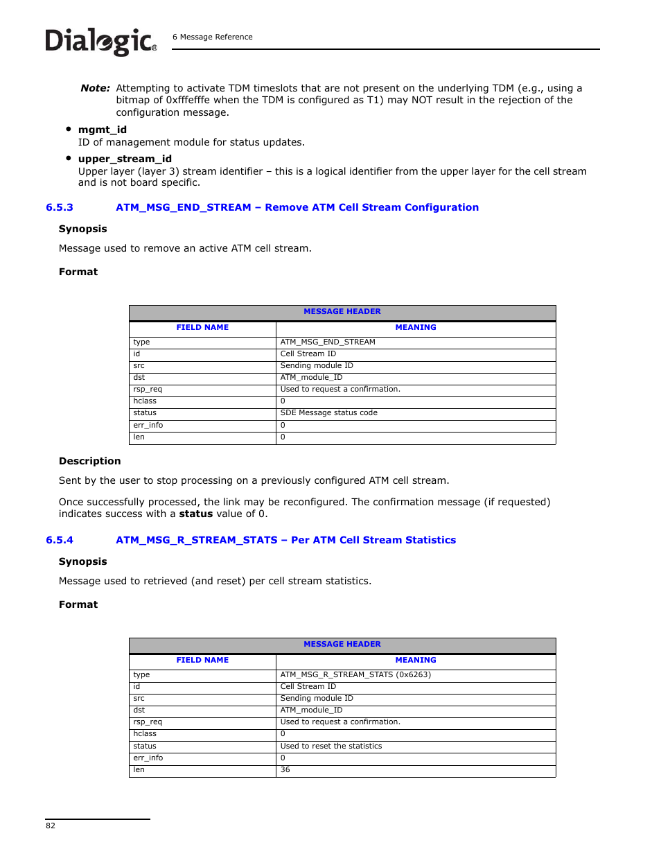 3 atm_msg_end_stream, 4 atm_msg_r_stream_stats, Atm_msg_end_stream | Remove atm cell stream configuration, Atm_msg_r_stream_stats, Per atm cell stream statistics | Dialogic DSI SS7MD User Manual | Page 82 / 191