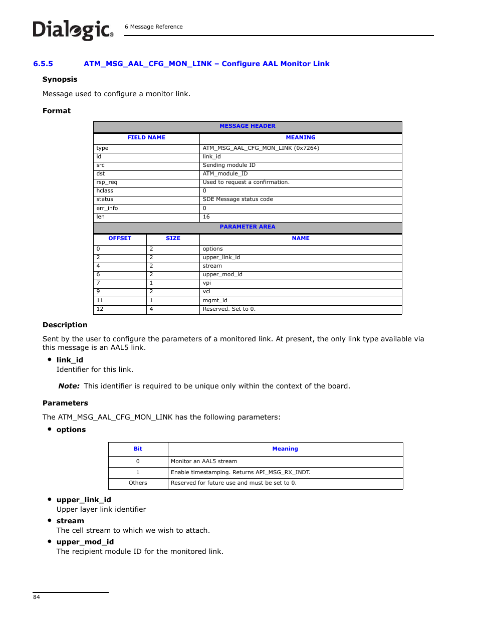 5 atm_msg_aal_cfg_mon_link, Atm_msg_aal_cfg_mon_link, Configure aal monitor link | Dialogic DSI SS7MD User Manual | Page 84 / 191