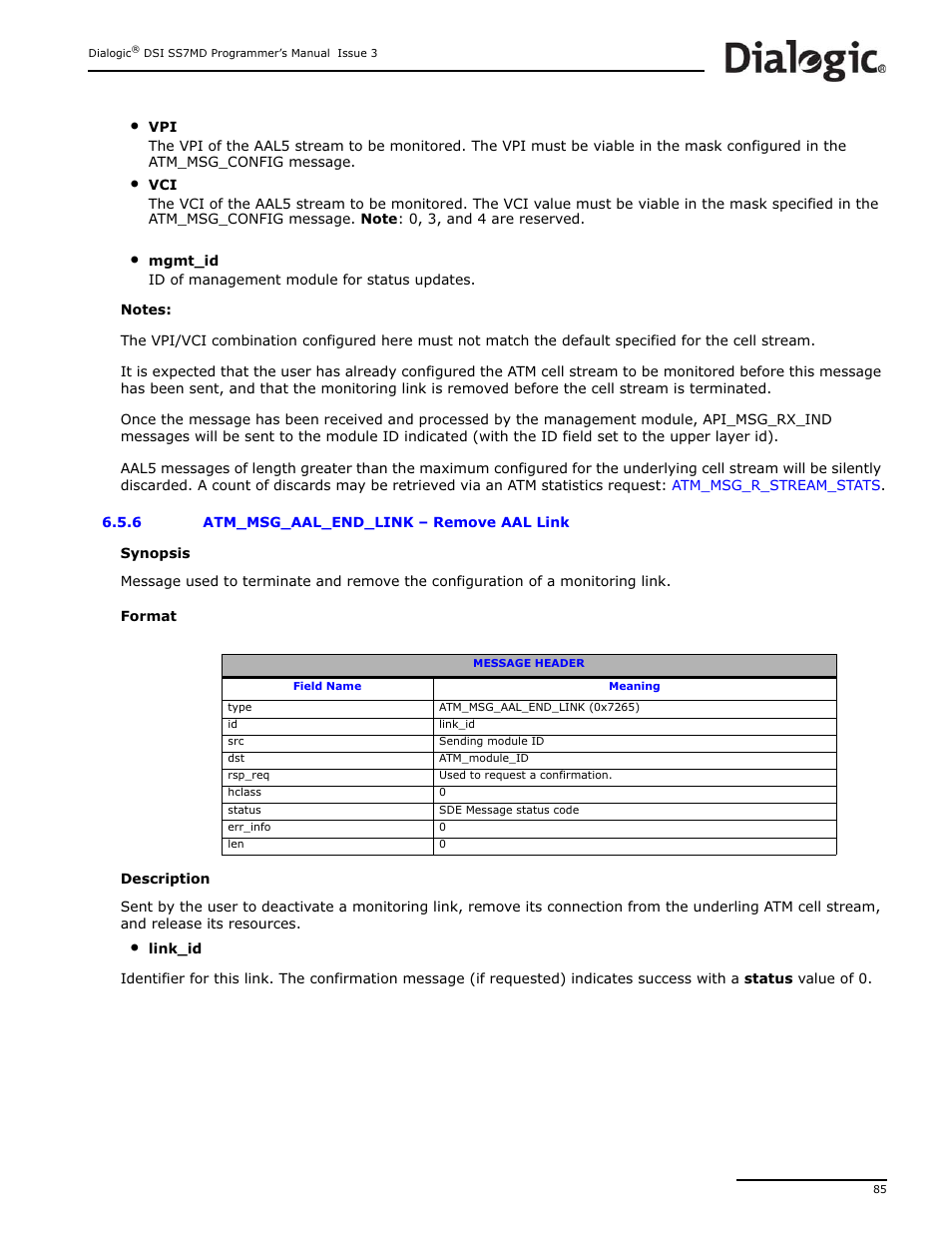 6 atm_msg_aal_end_link, Atm_msg_aal_end_link, Remove aal link | Dialogic DSI SS7MD User Manual | Page 85 / 191