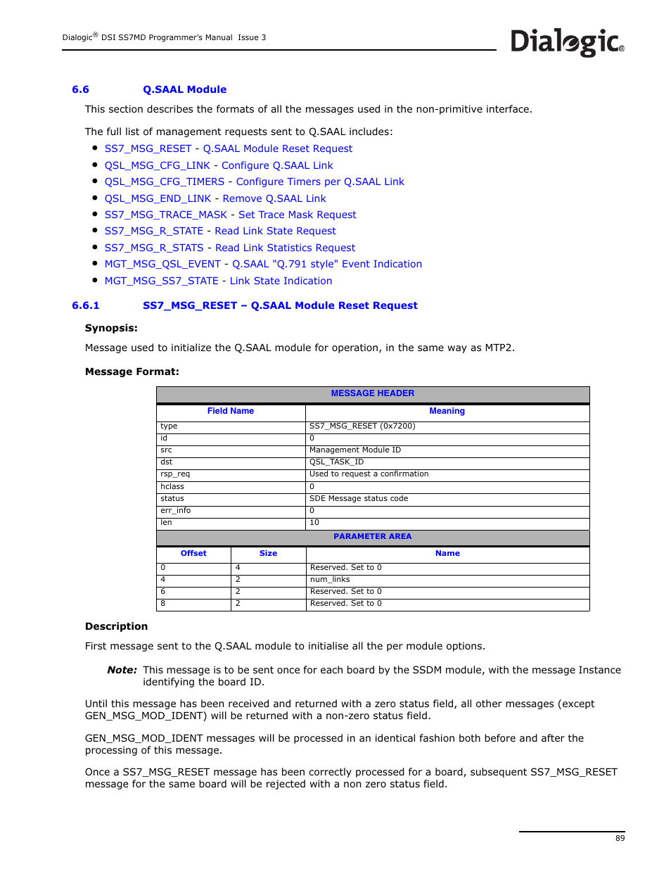 6 q.saal module, 1 ss7_msg_reset, Q.saal module | Dialogic DSI SS7MD User Manual | Page 89 / 191