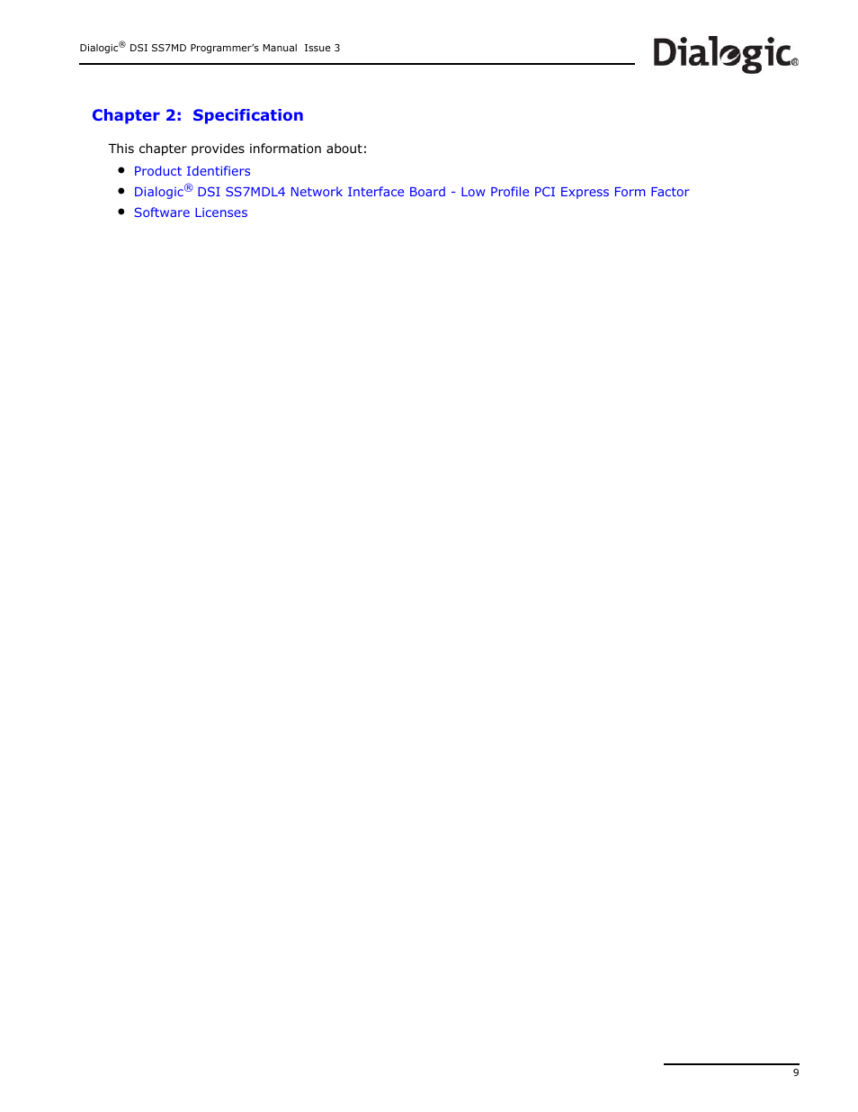 Chapter 2: specification, Specification | Dialogic DSI SS7MD User Manual | Page 9 / 191