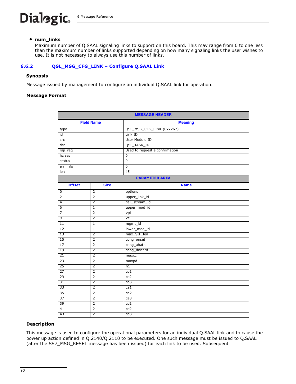 2 qsl_msg_cfg_link, Qsl_msg_cfg_link, Configure q.saal link | Dialogic DSI SS7MD User Manual | Page 90 / 191