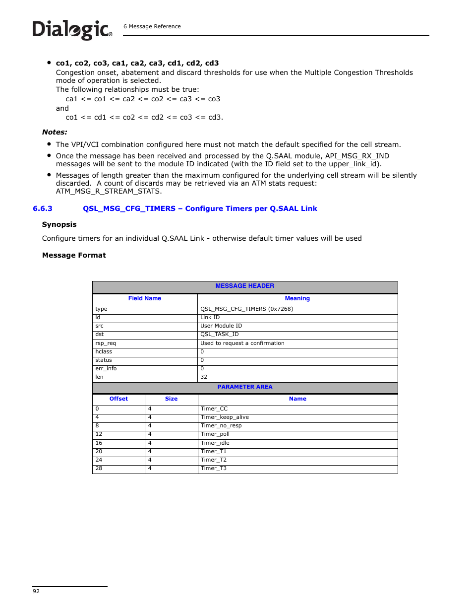 3 qsl_msg_cfg_timers, Qsl_msg_cfg_timers, Configure timers per q.saal link | Dialogic DSI SS7MD User Manual | Page 92 / 191