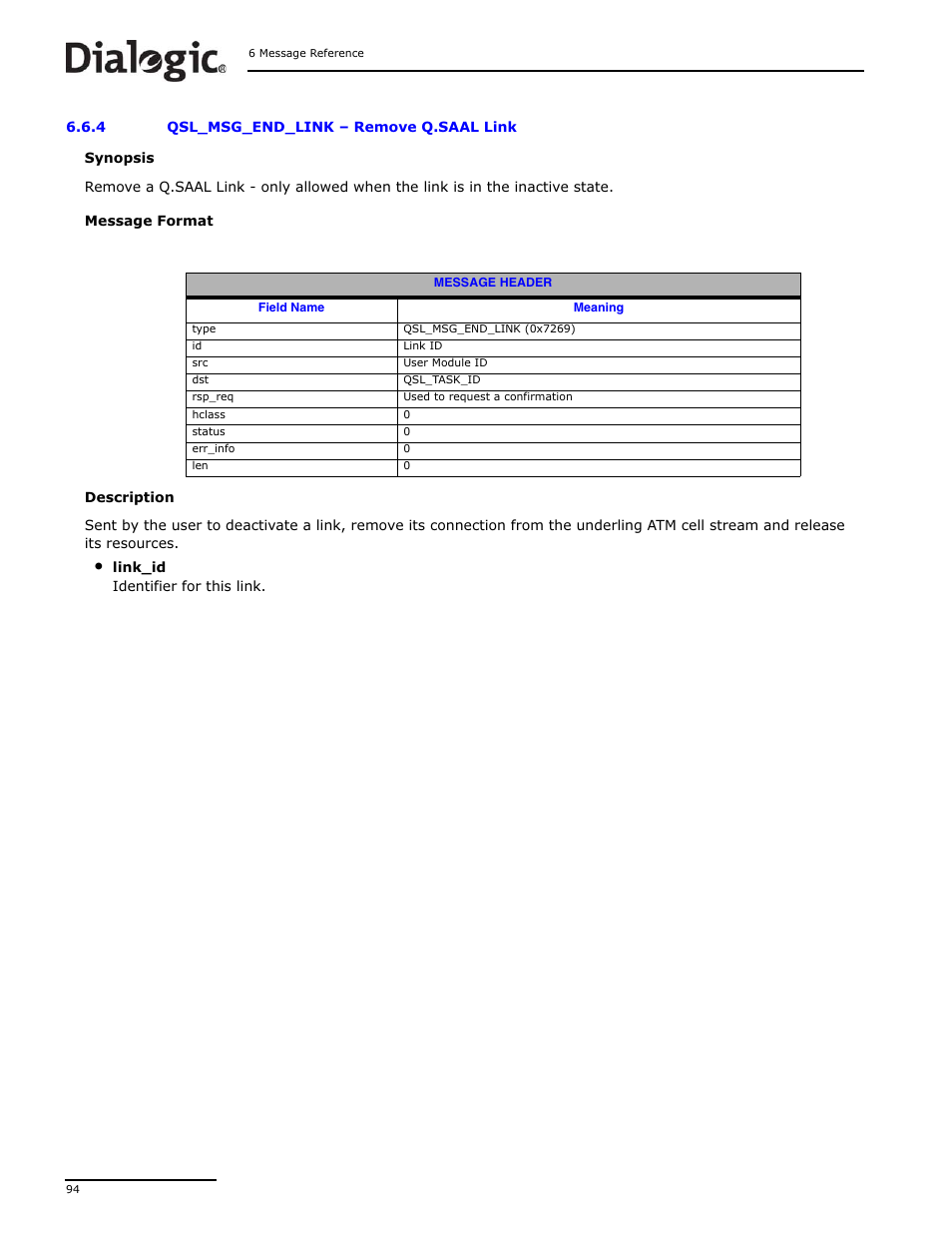 4 qsl_msg_end_link, Qsl_msg_end_link, Remove q.saal link | Dialogic DSI SS7MD User Manual | Page 94 / 191