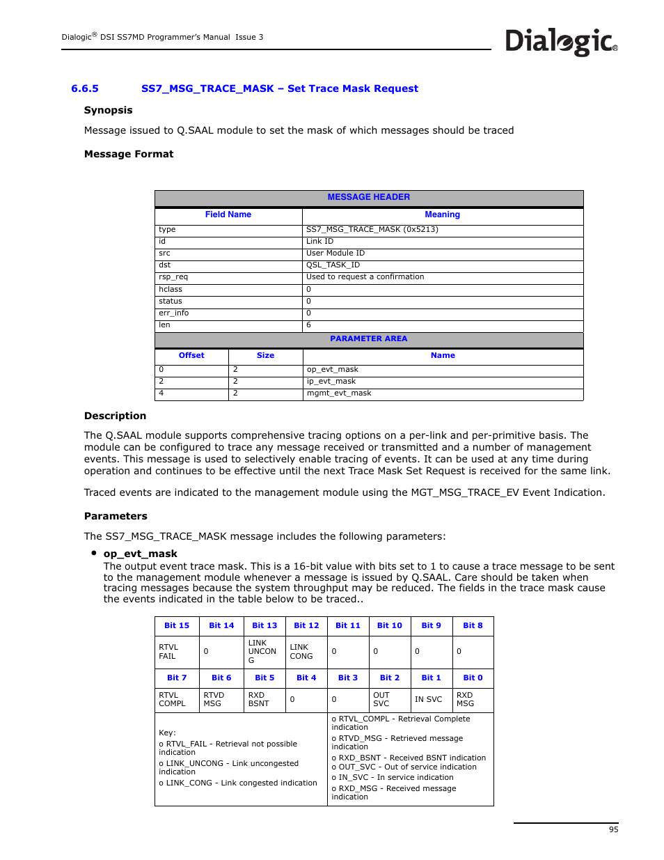 5 ss7_msg_trace_mask, Ss7_msg_trace_mask, Set trace mask request | Dialogic DSI SS7MD User Manual | Page 95 / 191