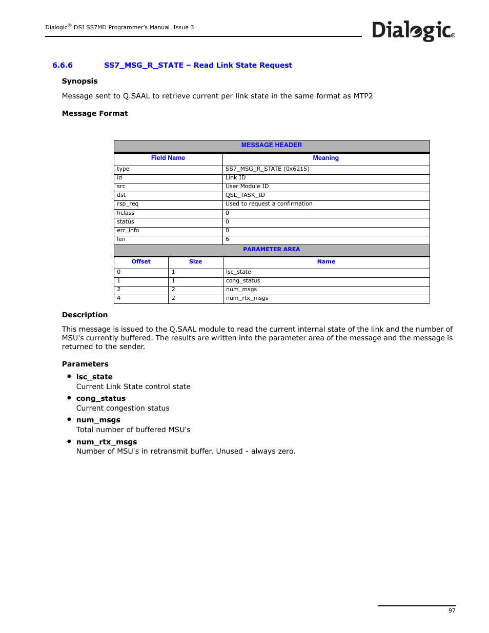 6 ss7_msg_r_state, Ss7_msg_r_state, Read link state request | Dialogic DSI SS7MD User Manual | Page 97 / 191