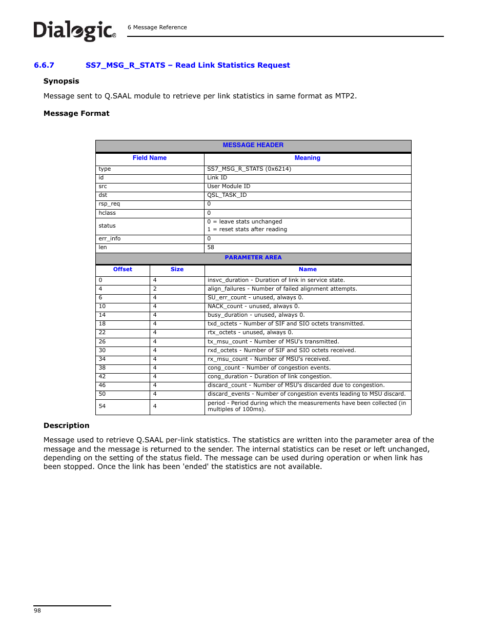 7 ss7_msg_r_stats, Ss7_msg_r_stats, Read link statistics request | Dialogic DSI SS7MD User Manual | Page 98 / 191