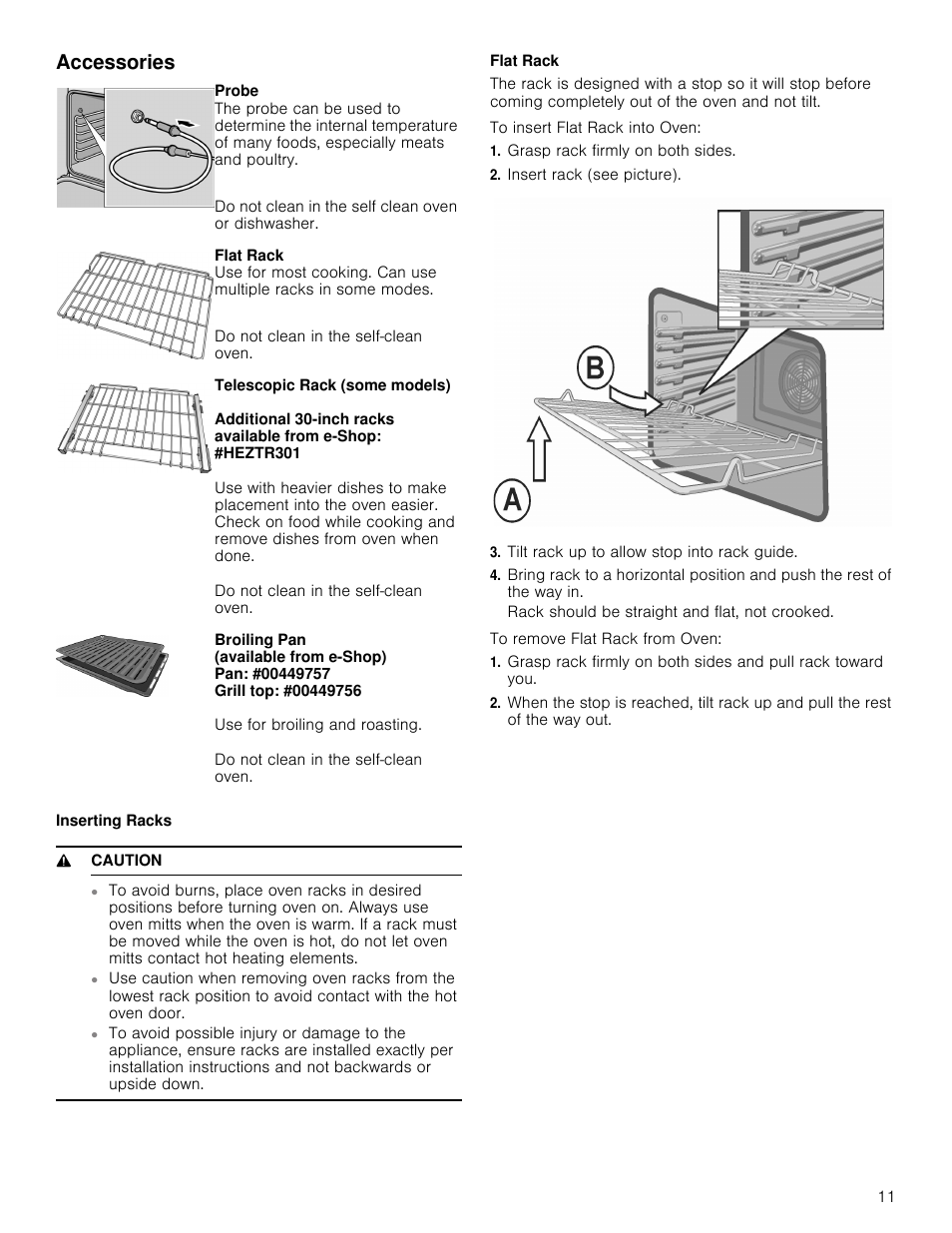 Accessories, Inserting racks, 9 caution | Flat rack, Grasp rack firmly on both sides, Insert rack (see picture), Tilt rack up to allow stop into rack guide | Bosch 800 Series 30 Inch Double Speed Combination Smart Electric Wall Oven Owners Manual User Manual | Page 11 / 76