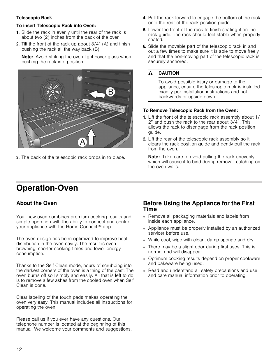 Telescopic rack, Note, The back of the telescopic rack drops in to place | 9 caution, Operation-oven, About the oven, Before using the appliance for the first time | Bosch 800 Series 30 Inch Double Speed Combination Smart Electric Wall Oven Owners Manual User Manual | Page 12 / 76