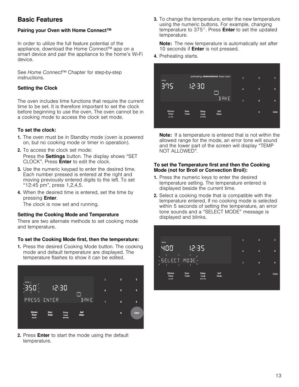 Basic features, Pairing your oven with home connect, Setting the clock | To access the clock set mode, Setting the cooking mode and temperature, Note, Preheating starts | Bosch 800 Series 30 Inch Double Speed Combination Smart Electric Wall Oven Owners Manual User Manual | Page 13 / 76