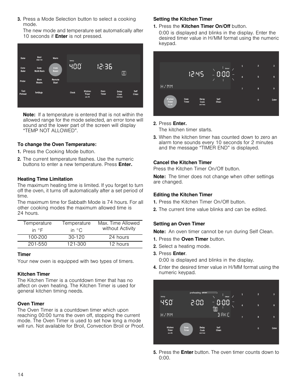 Note, Press the cooking mode button, Temperature | In °f, In °c, Max. time allowed without activity, 24 hours, 12 hours, Timer, Press the kitchen timer on/off button | Bosch 800 Series 30 Inch Double Speed Combination Smart Electric Wall Oven Owners Manual User Manual | Page 14 / 76