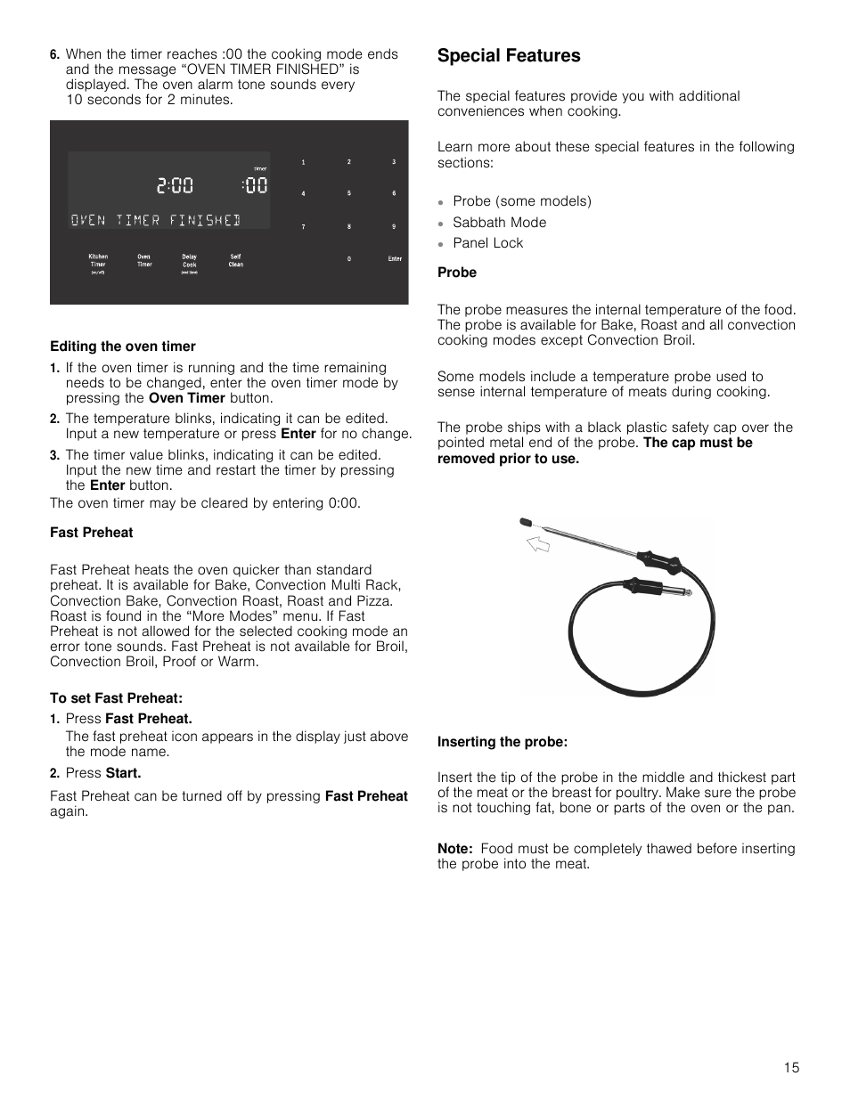 Fast preheat, Press fast preheat, Press start | Special features, Probe, Note | Bosch 800 Series 30 Inch Double Speed Combination Smart Electric Wall Oven Owners Manual User Manual | Page 15 / 76