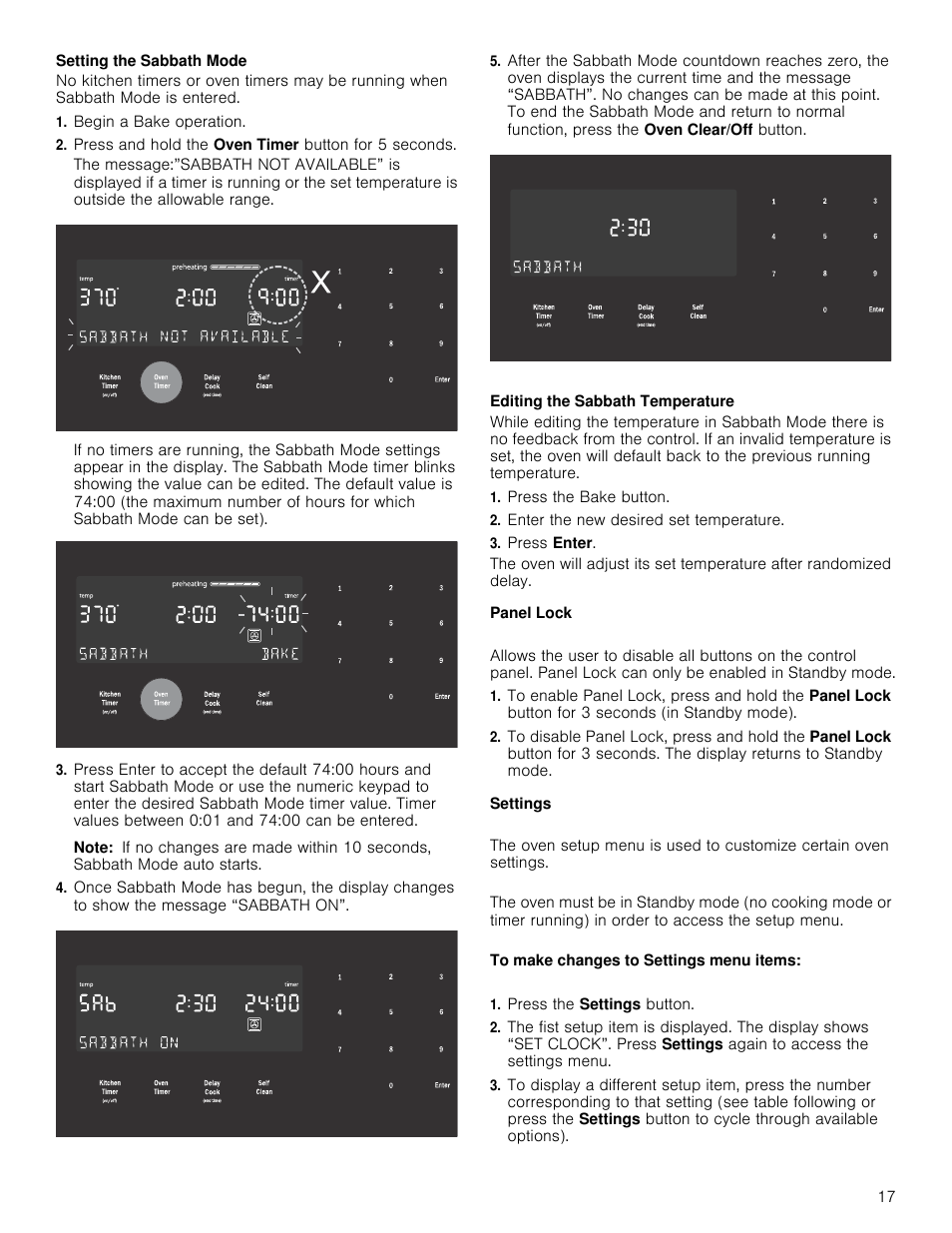 Begin a bake operation, Press and hold the oven timer button for 5 seconds, Note | Press the bake button, Enter the new desired set temperature, Press enter, Panel lock, Settings, Press the settings button | Bosch 800 Series 30 Inch Double Speed Combination Smart Electric Wall Oven Owners Manual User Manual | Page 17 / 76