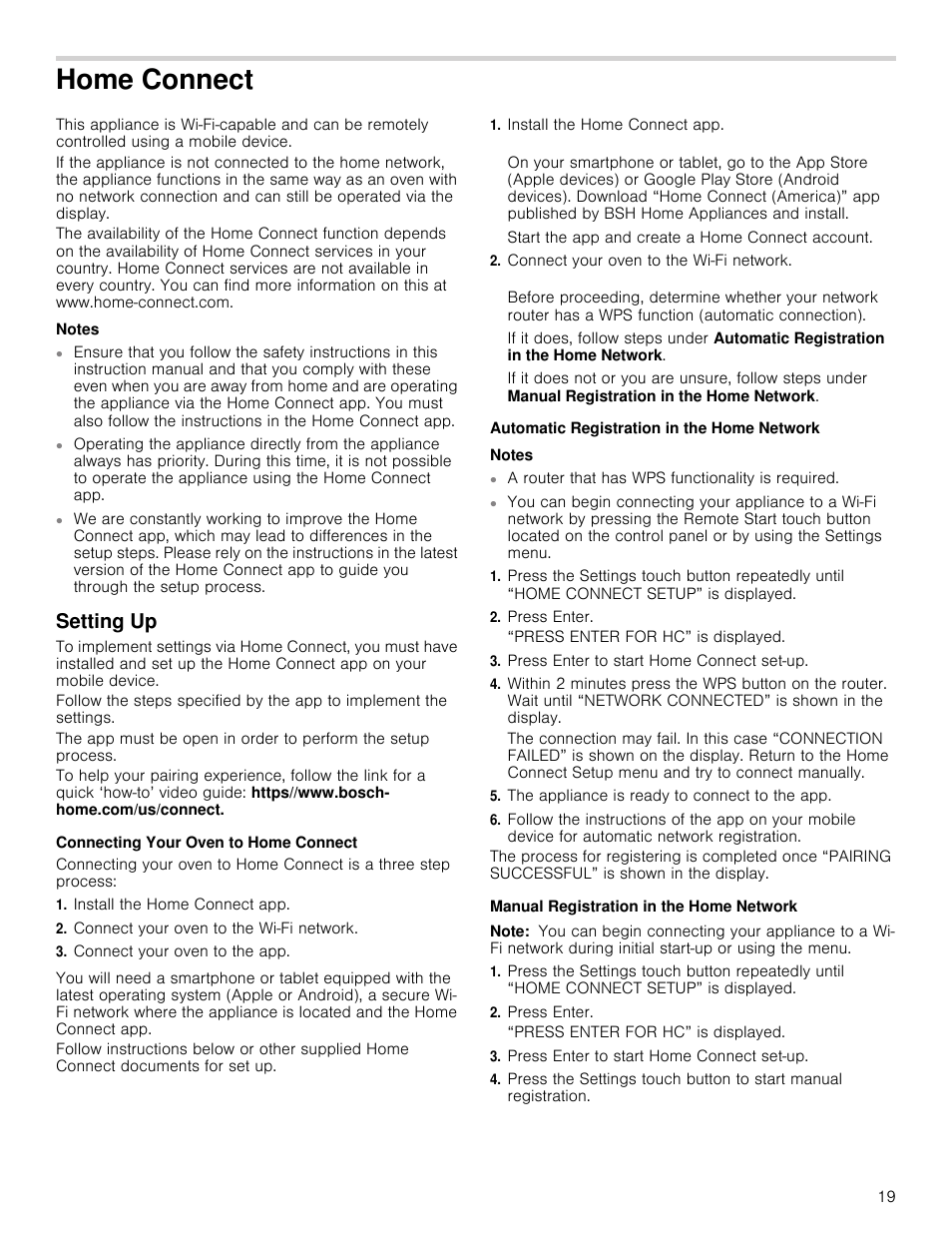 Home connect, Notes, Setting up | Connecting your oven to home connect, Install the home connect app, Connect your oven to the wi-fi network, Connect your oven to the app, Automatic registration in the home network, Press enter, Press enter to start home connect set-up | Bosch 800 Series 30 Inch Double Speed Combination Smart Electric Wall Oven Owners Manual User Manual | Page 19 / 76