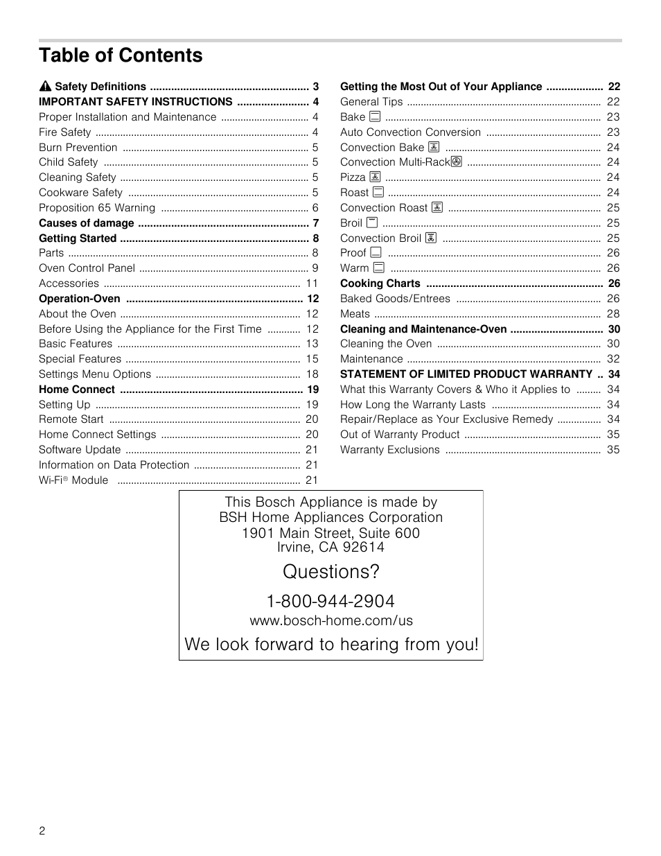 Bosch 800 Series 30 Inch Double Speed Combination Smart Electric Wall Oven Owners Manual User Manual | Page 2 / 76