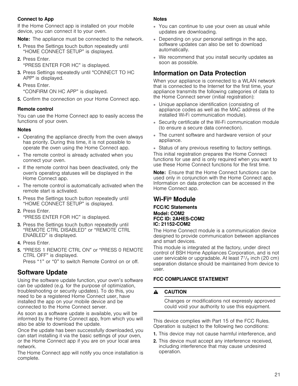 Connect to app, Note, Press enter | Confirm the connection on your home connect app, Remote control, Notes, Software update, Information on data protection, Wi-fi® module, Fcc compliance statement | Bosch 800 Series 30 Inch Double Speed Combination Smart Electric Wall Oven Owners Manual User Manual | Page 21 / 76