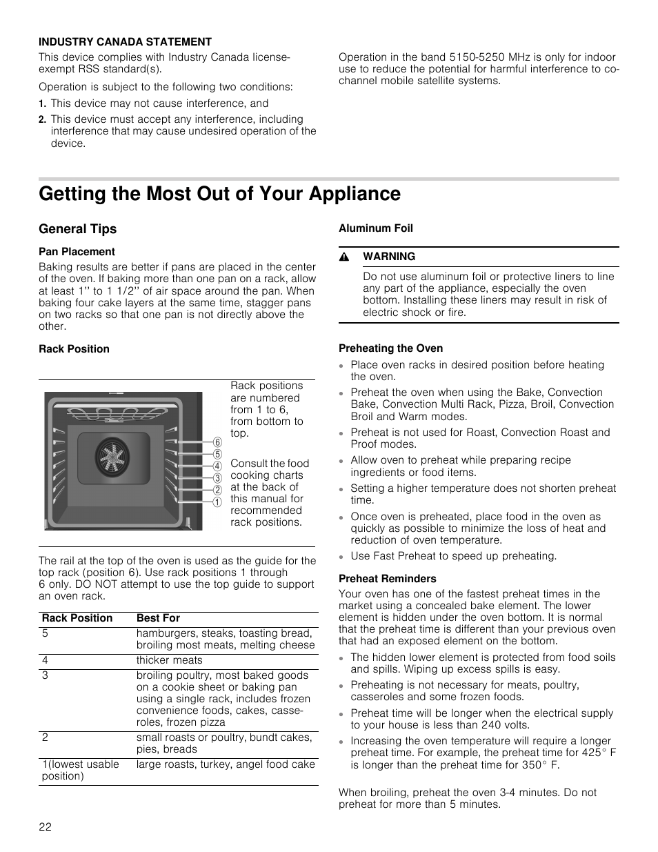 Industry canada statement, This device may not cause interference, and, Getting the most out of your appliance | General tips, Pan placement, Rack position, Aluminum foil, 9 warning, Preheating the oven, Preheat reminders | Bosch 800 Series 30 Inch Double Speed Combination Smart Electric Wall Oven Owners Manual User Manual | Page 22 / 76