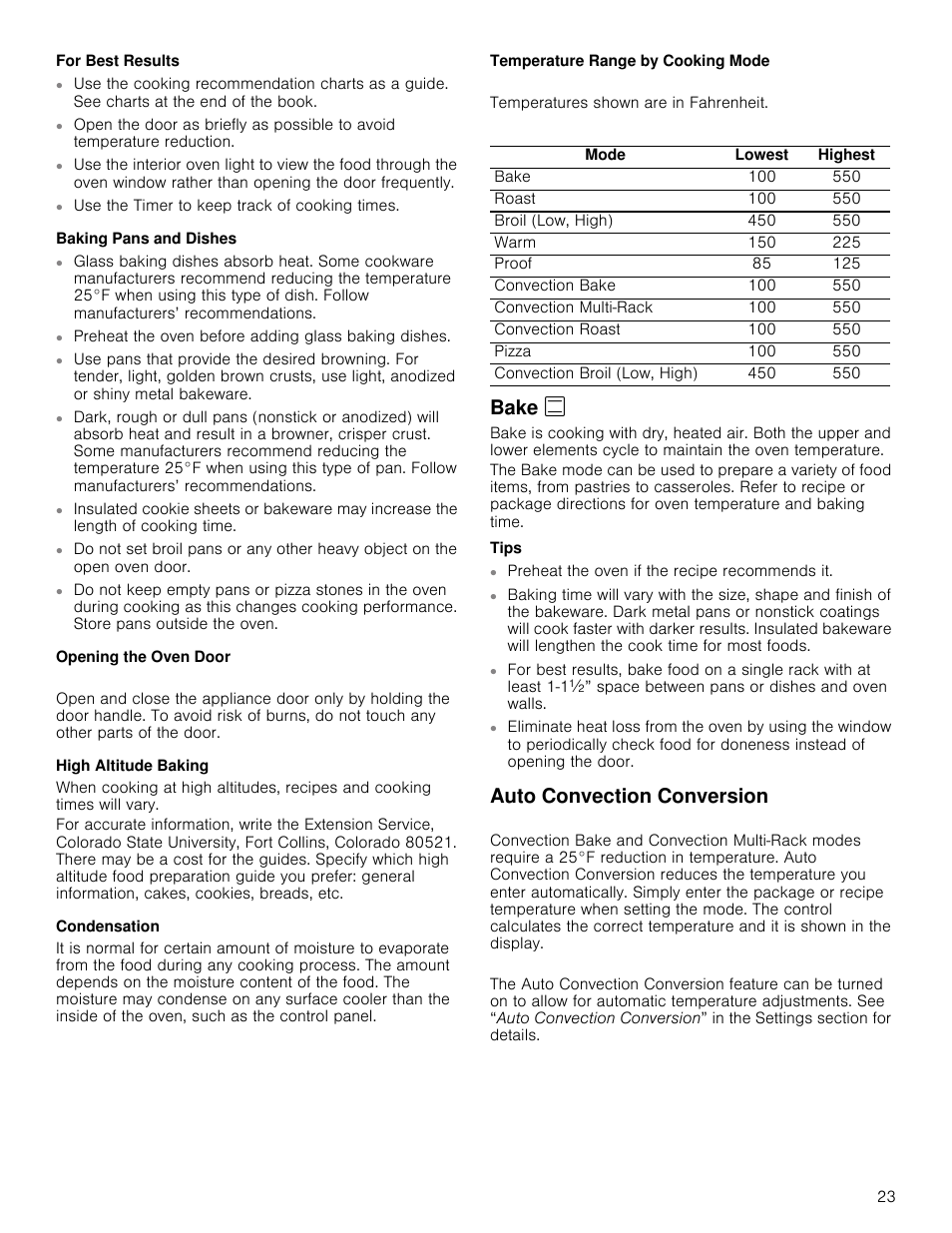 For best results, Baking pans and dishes, Opening the oven door | High altitude baking, Condensation, Temperature range by cooking mode, Mode, Lowest, Highest, Bake | Bosch 800 Series 30 Inch Double Speed Combination Smart Electric Wall Oven Owners Manual User Manual | Page 23 / 76