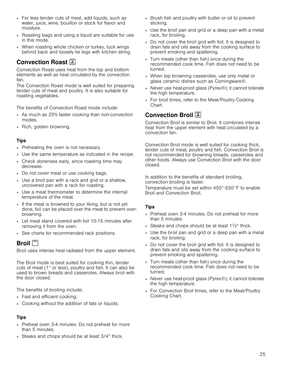 Convection roast 2, Tips, Broil | Convection broil 4, Convection roast, Convection broil | Bosch 800 Series 30 Inch Double Speed Combination Smart Electric Wall Oven Owners Manual User Manual | Page 25 / 76