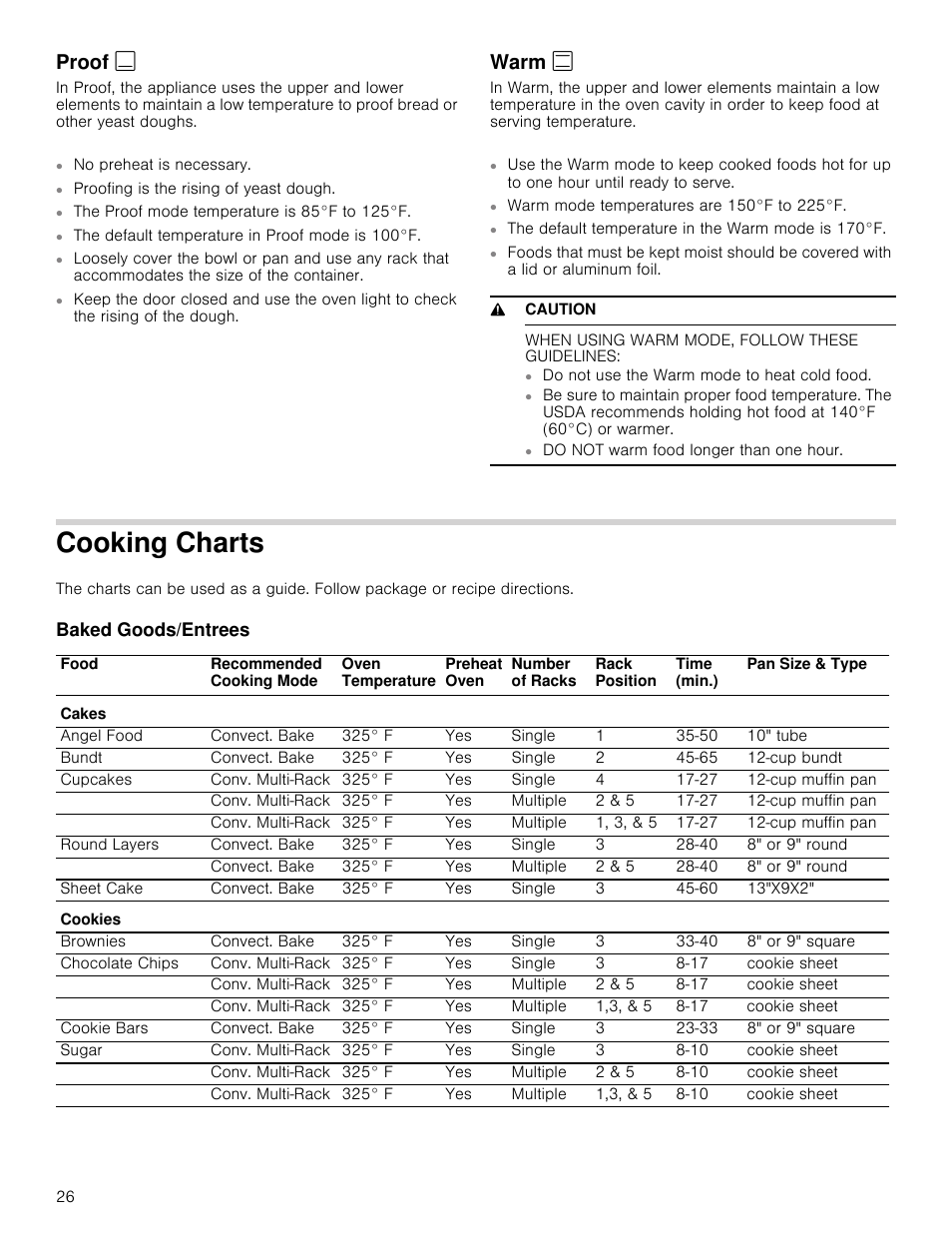 Proof, Warm, 9 caution | When using warm mode, follow these guidelines, Cooking charts, Baked goods/entrees | Bosch 800 Series 30 Inch Double Speed Combination Smart Electric Wall Oven Owners Manual User Manual | Page 26 / 76