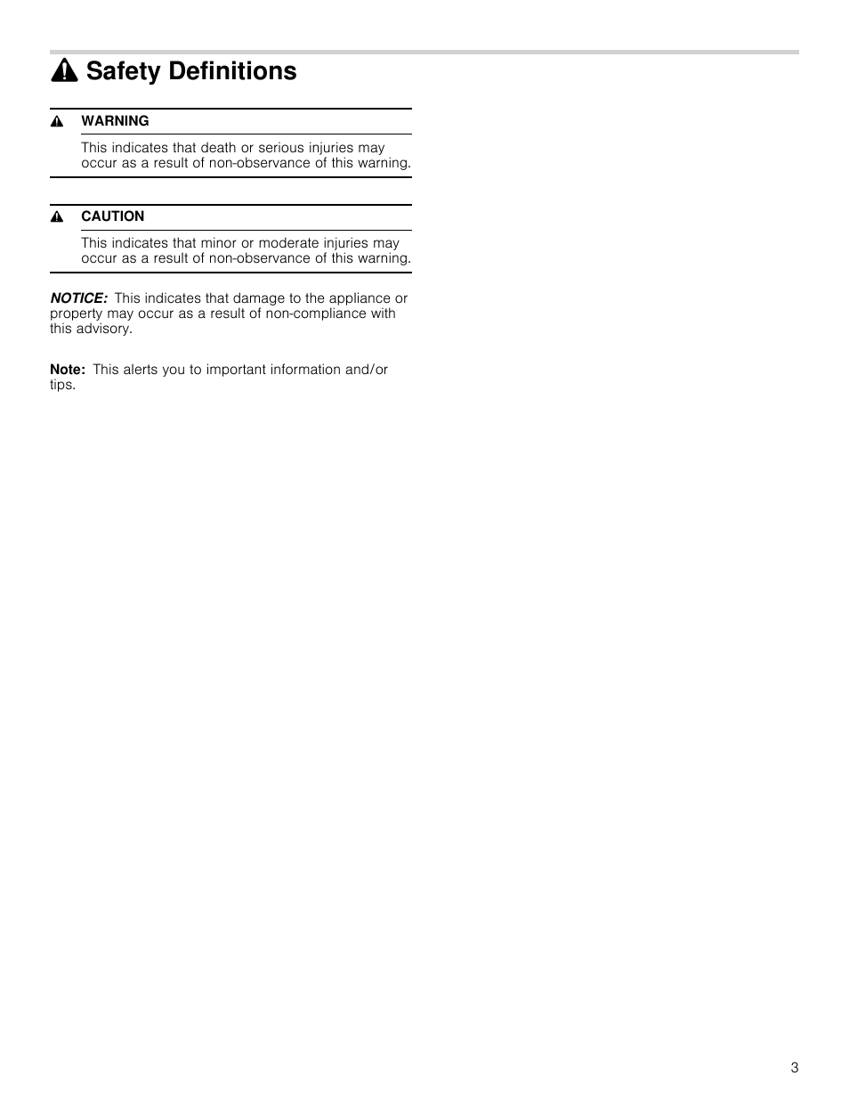 9 safety definitionssafety definitions, 9 warning, 9 caution | Notice, Note, Safety definitions | Bosch 800 Series 30 Inch Double Speed Combination Smart Electric Wall Oven Owners Manual User Manual | Page 3 / 76