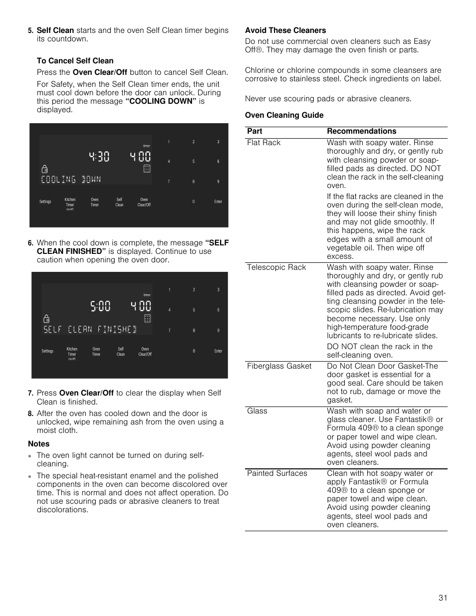 Notes, Avoid these cleaners, Oven cleaning guide | Bosch 800 Series 30 Inch Double Speed Combination Smart Electric Wall Oven Owners Manual User Manual | Page 31 / 76