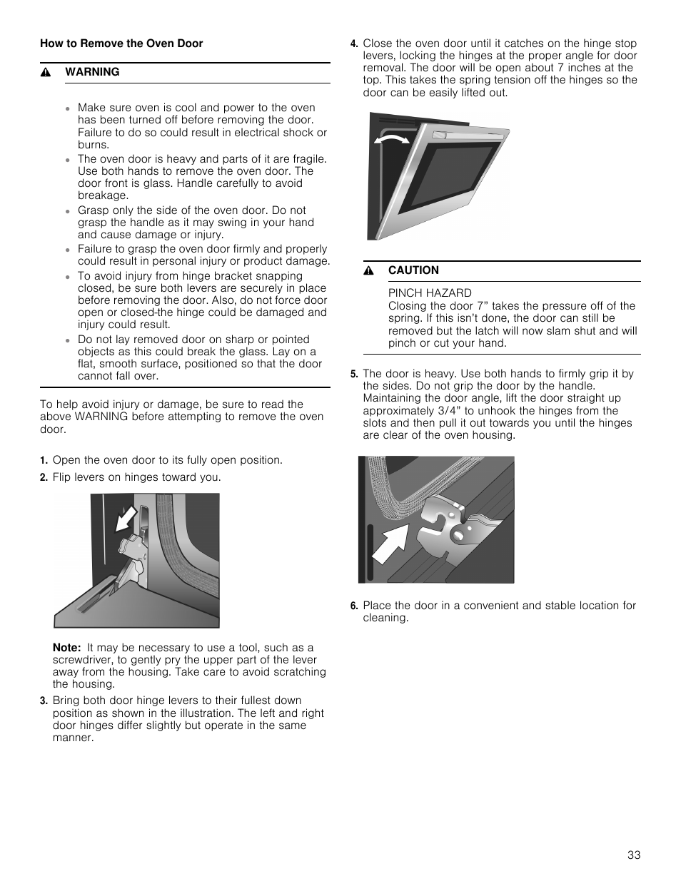 How to remove the oven door, 9 warning, Open the oven door to its fully open position | Flip levers on hinges toward you, Note, 9 caution, Pinch hazard | Bosch 800 Series 30 Inch Double Speed Combination Smart Electric Wall Oven Owners Manual User Manual | Page 33 / 76