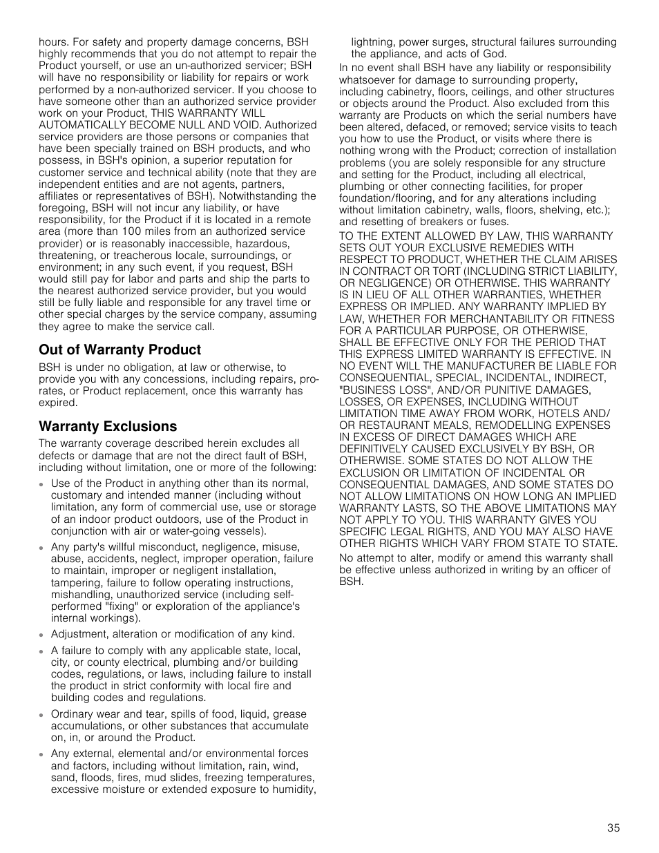 Out of warranty product, Warranty exclusions, Out of warranty product warranty exclusions | Bosch 800 Series 30 Inch Double Speed Combination Smart Electric Wall Oven Owners Manual User Manual | Page 35 / 76