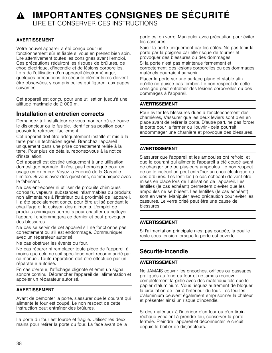 Importantes consignes de sécurité, Lire et conserver ces instructions, Avertissement | Installation et entretien corrects, Sécurité-incendie | Bosch 800 Series 30 Inch Double Speed Combination Smart Electric Wall Oven Owners Manual User Manual | Page 38 / 76