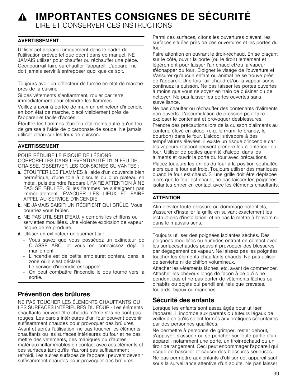 Avertissement, D. utiliser un extincteur uniquement si, Prévention des brûlures | Attention, Sécurité des enfants, Prévention des brûlures sécurité des enfants, Importantes consignes de sécurité, Lire et conserver ces instructions | Bosch 800 Series 30 Inch Double Speed Combination Smart Electric Wall Oven Owners Manual User Manual | Page 39 / 76