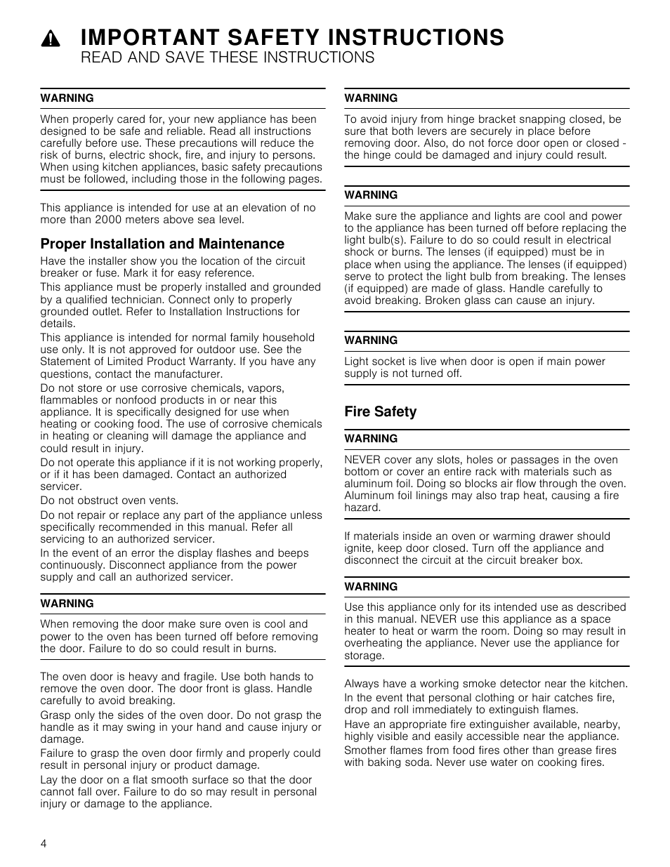 Important safety instructions, Read and save these instructions, Warning | Proper installation and maintenance, Fire safety, Proper installation and maintenance fire safety | Bosch 800 Series 30 Inch Double Speed Combination Smart Electric Wall Oven Owners Manual User Manual | Page 4 / 76