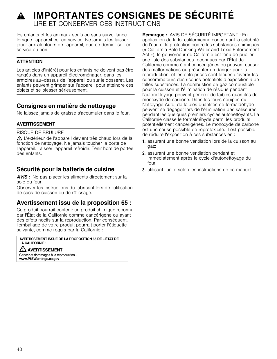 Attention, Consignes en matière de nettoyage, Avertissement | Risque de brûlure, Sécurité pour la batterie de cuisine, Avis, Avertissement issu de la proposition 65, Remarque, Importantes consignes de sécurité, Lire et conserver ces instructions | Bosch 800 Series 30 Inch Double Speed Combination Smart Electric Wall Oven Owners Manual User Manual | Page 40 / 76