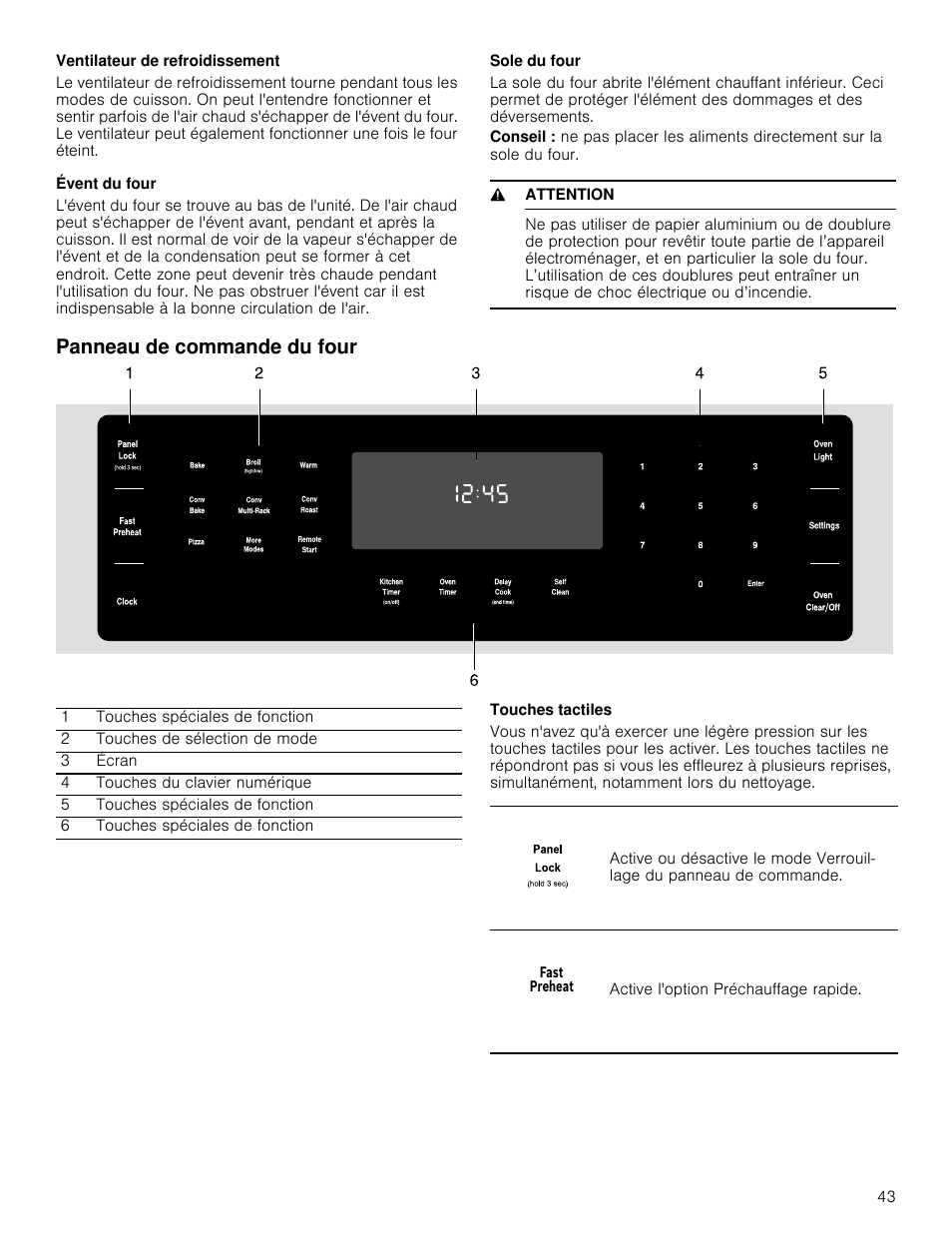 Ventilateur de refroidissement, Évent du four, Sole du four | 9 attention, Panneau de commande du four, Touches tactiles | Bosch 800 Series 30 Inch Double Speed Combination Smart Electric Wall Oven Owners Manual User Manual | Page 43 / 76