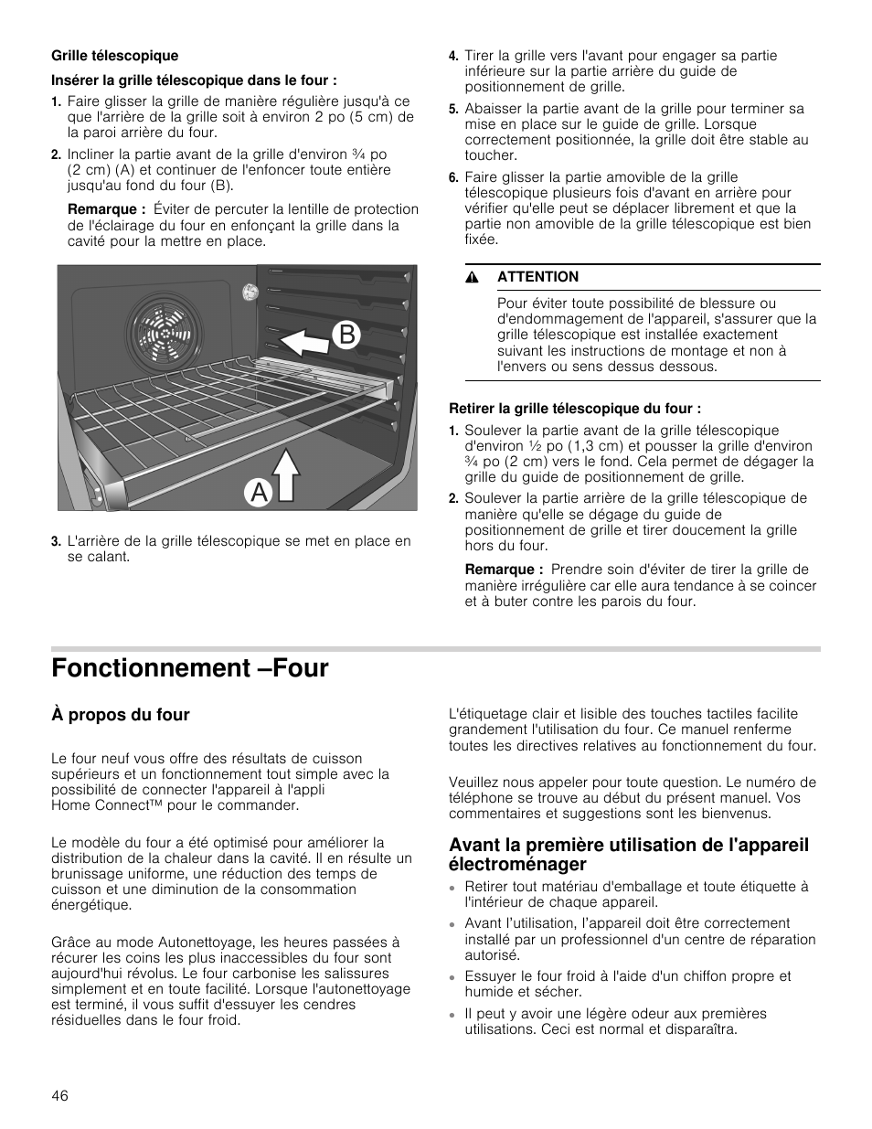 Grille télescopique, Remarque, 9 attention | Fonctionnement –four, À propos du four, Électroménager | Bosch 800 Series 30 Inch Double Speed Combination Smart Electric Wall Oven Owners Manual User Manual | Page 46 / 76