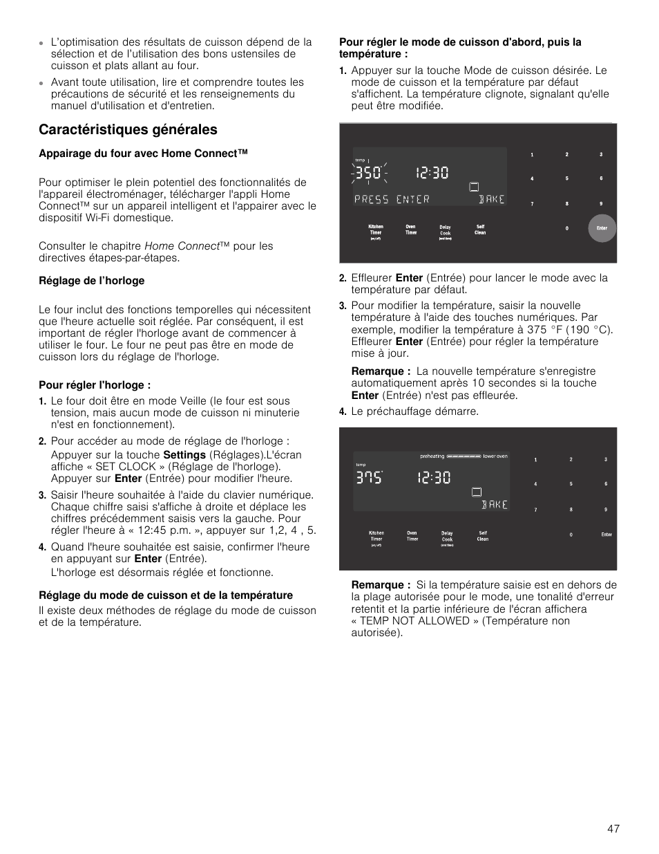 Caractéristiques générales, Appairage du four avec home connect, Réglage de l’horloge | Pour accéder au mode de réglage de l'horloge, Réglage du mode de cuisson et de la température, Remarque, Le préchauffage démarre | Bosch 800 Series 30 Inch Double Speed Combination Smart Electric Wall Oven Owners Manual User Manual | Page 47 / 76