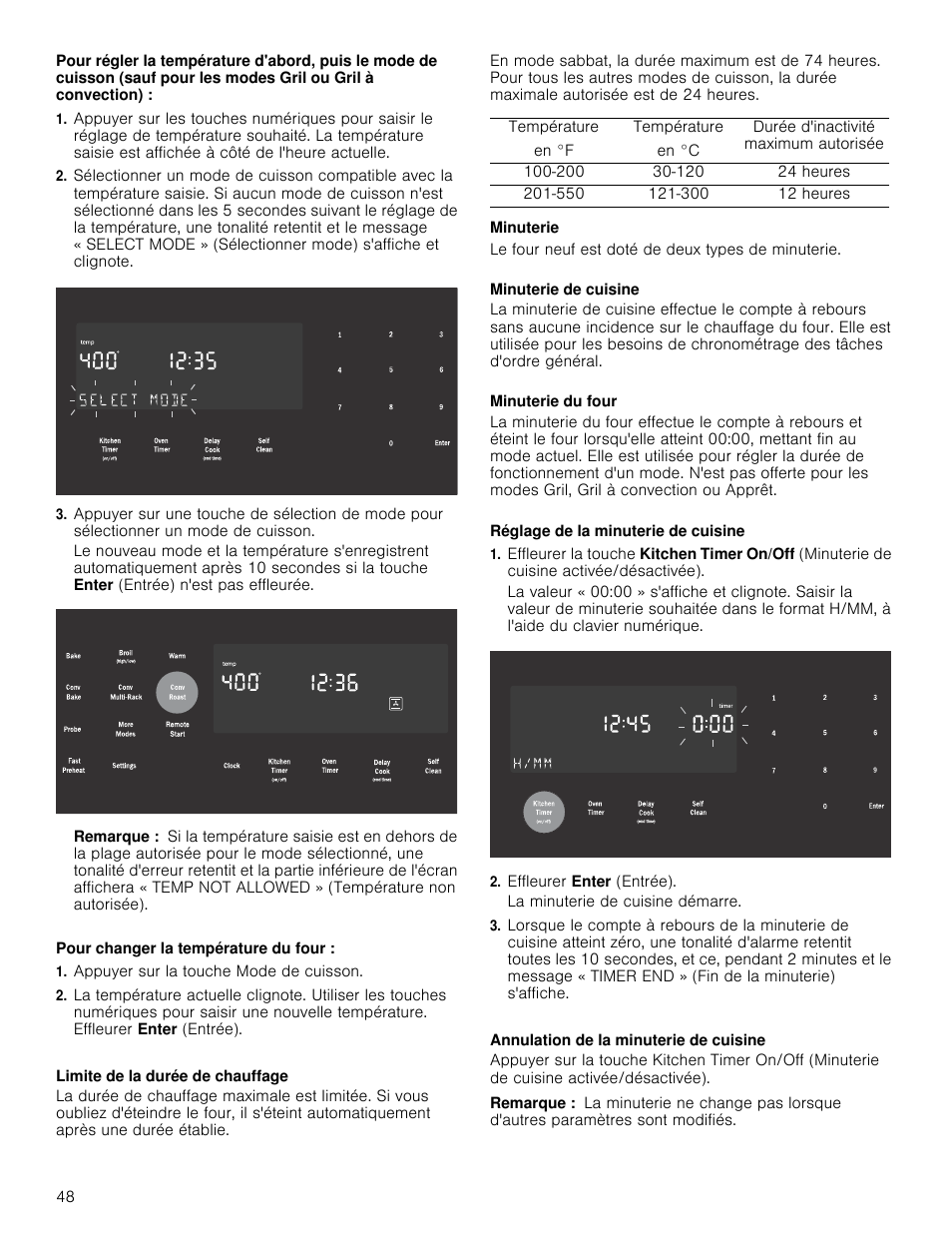 Remarque, Appuyer sur la touche mode de cuisson, Température | En °f, En °c, Durée d'inactivité maximum autorisée, 24 heures, 12 heures, Minuterie, Effleurer enter (entrée) | Bosch 800 Series 30 Inch Double Speed Combination Smart Electric Wall Oven Owners Manual User Manual | Page 48 / 76