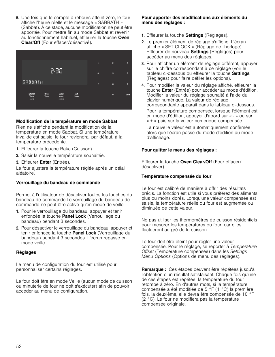 Effleurer la touche bake (cuisson), Saisir la nouvelle température souhaitée, Effleurer enter (entrée) | Verrouillage du bandeau de commande, Réglages, Effleurer la touche settings (réglages), Température compensée du four, Remarque | Bosch 800 Series 30 Inch Double Speed Combination Smart Electric Wall Oven Owners Manual User Manual | Page 52 / 76
